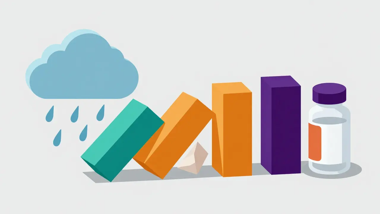 Isometric geometric art showing a domino effect from flooding to medical device shortages.