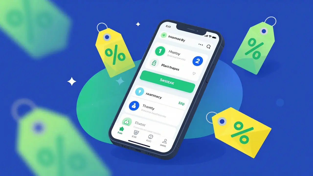 Smartphone screen showing a pharmacy app with floating geometric discount symbols