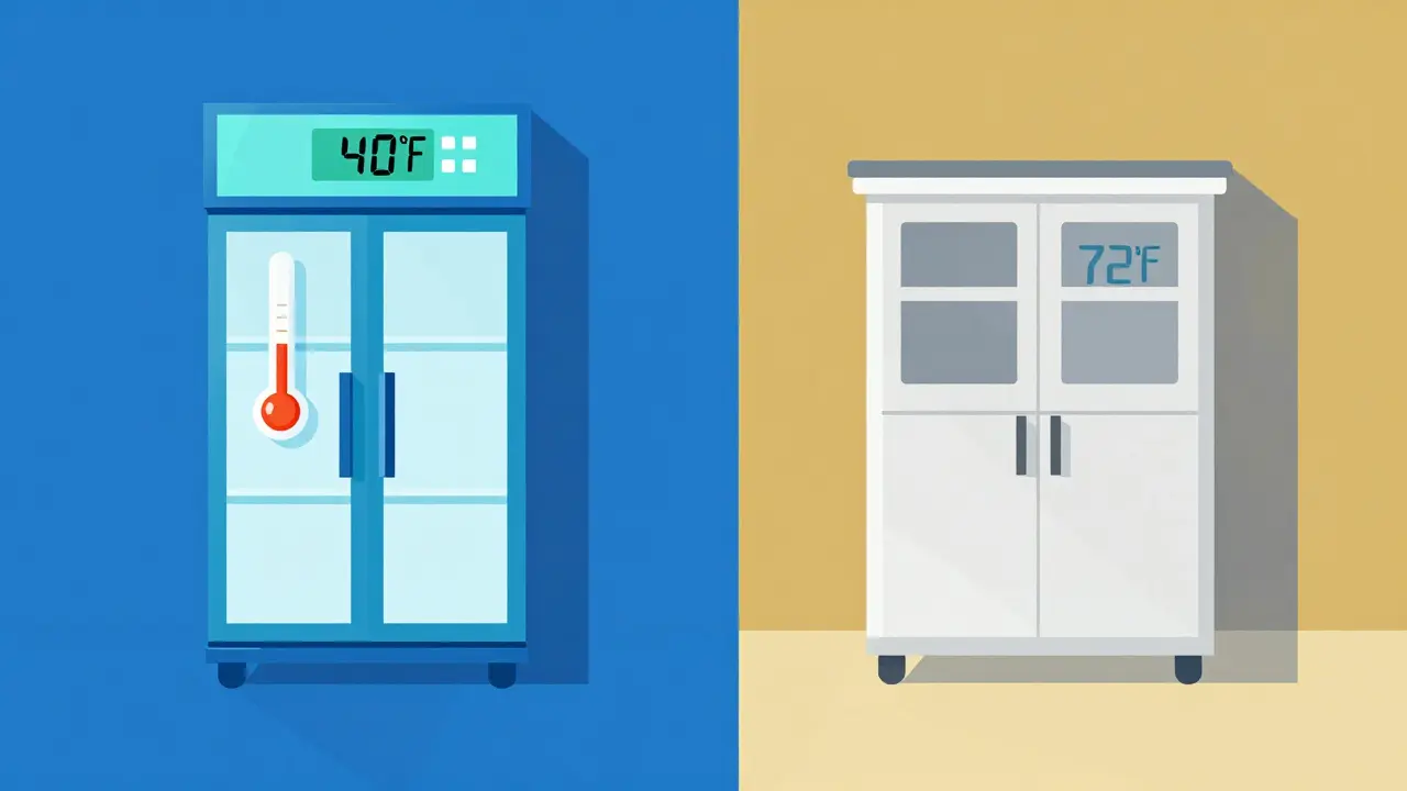 Split view of refrigerated and room temperature medication storage zones