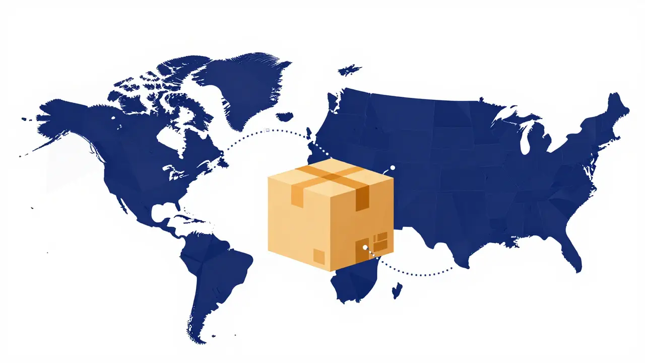 Stylized delivery package with geometric paths connecting Canada and the USA